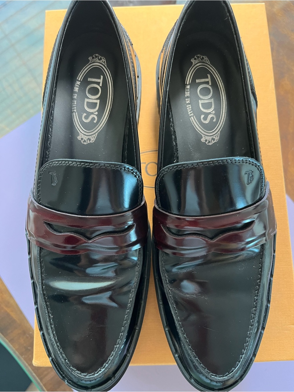 Tod's Black and Burgundy Patent Leather Penny Loafers